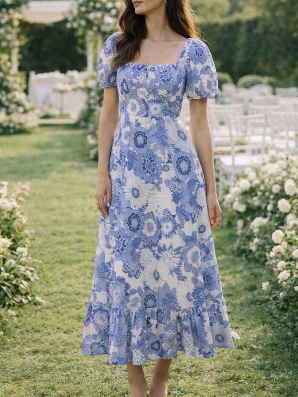 London Times Cottagecore Linen Blend Blue And White Floral Dress Sz 12 NWT/0329